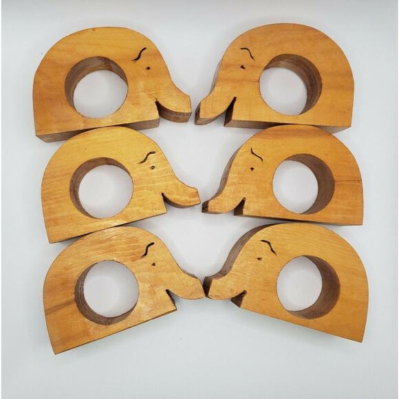 Wood Carved Elephant Napkin Rings Holders 6 pc set Boho Kitschy Kitchen Dinning - Picture 6 of 6